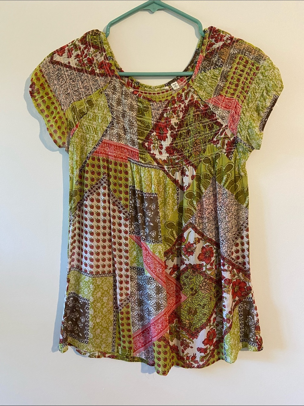 Anthropologie Patchwork Cap-Sleeve Blouse in Olive Green, Coral & Cream
